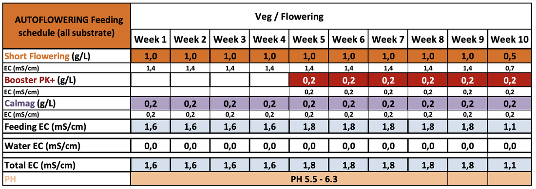 Vorschau: AUTOFLOWERING Feeding schedule (all substrate), Bild auf der Produktseite „Autoflower Starter Kit“ (Reiter „Feeding schedule“)