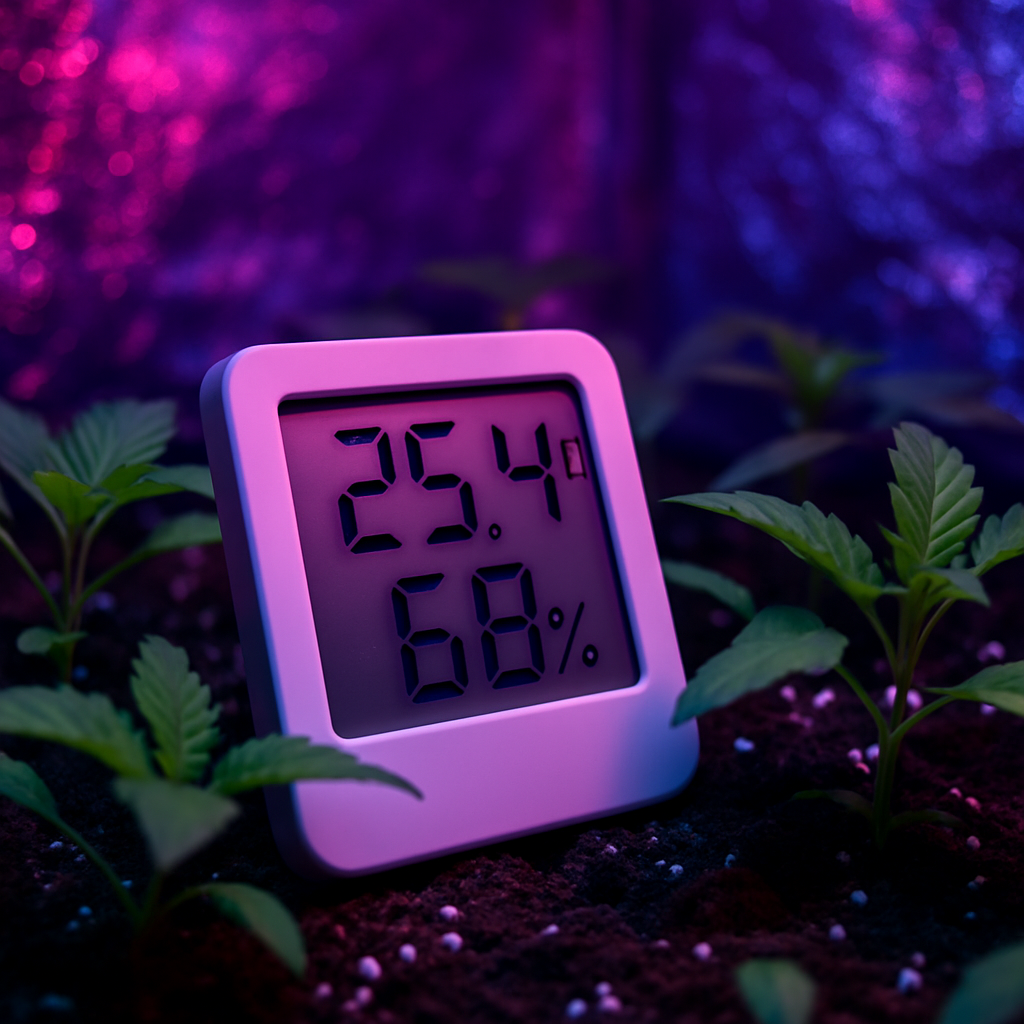 Thermo-Hygrometer vor jungen Pflanzen im violetten LED-Licht einer Growbox