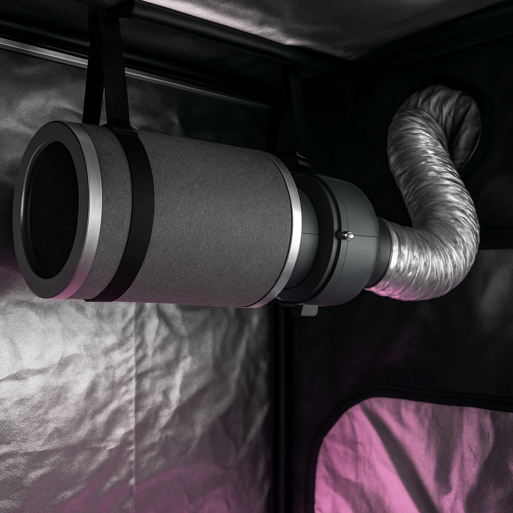 Aktivkohlefilter mit Rohrventilator und Aluschlauch unter dem Dach einer Growbox