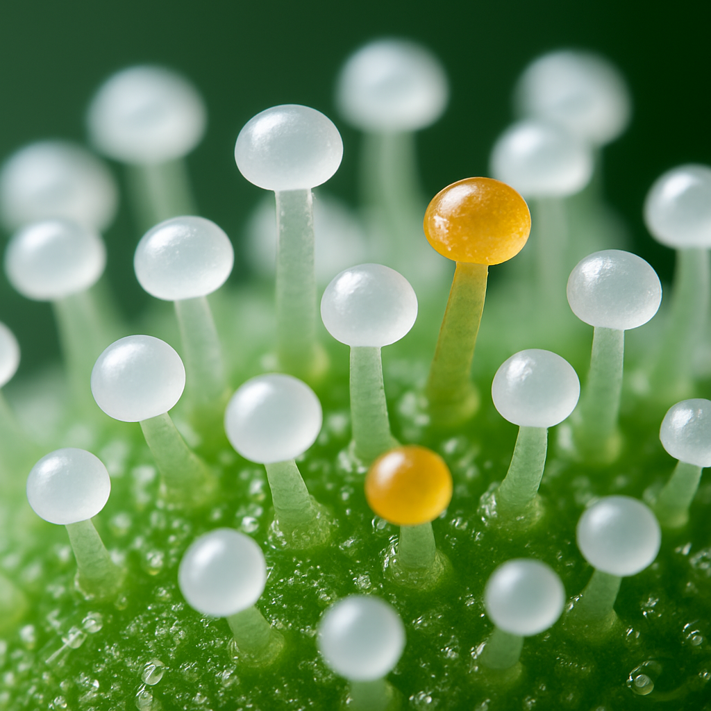 Milchige Cannabis-Trichome mit ersten bernsteinfarbenen Köpfen – das Erntefenster