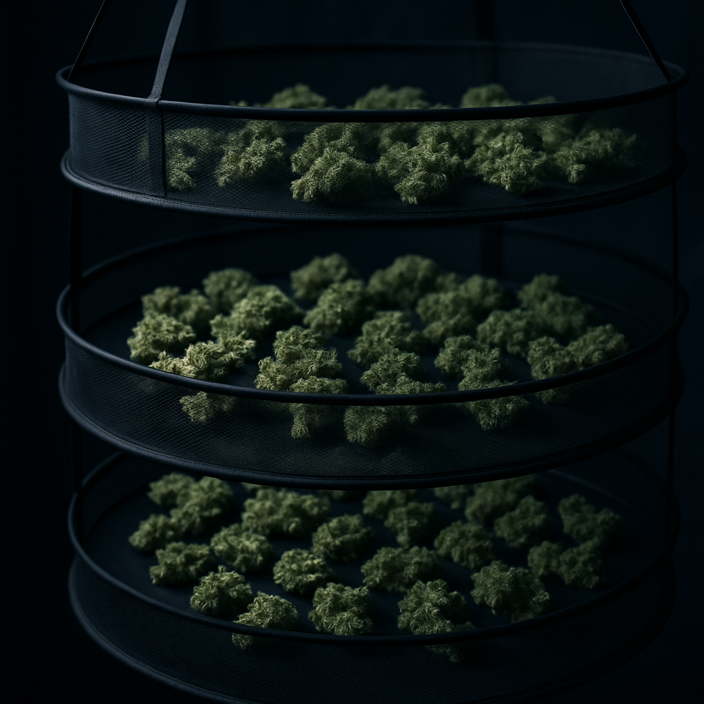 Cannabis-Blüten trocknen in einem mehrstöckigen Trockennetz im dunklen Raum