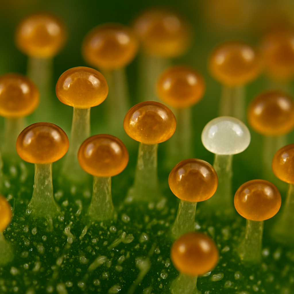 Überwiegend bernsteinfarbene Cannabis-Trichome – fortgeschrittene Reife