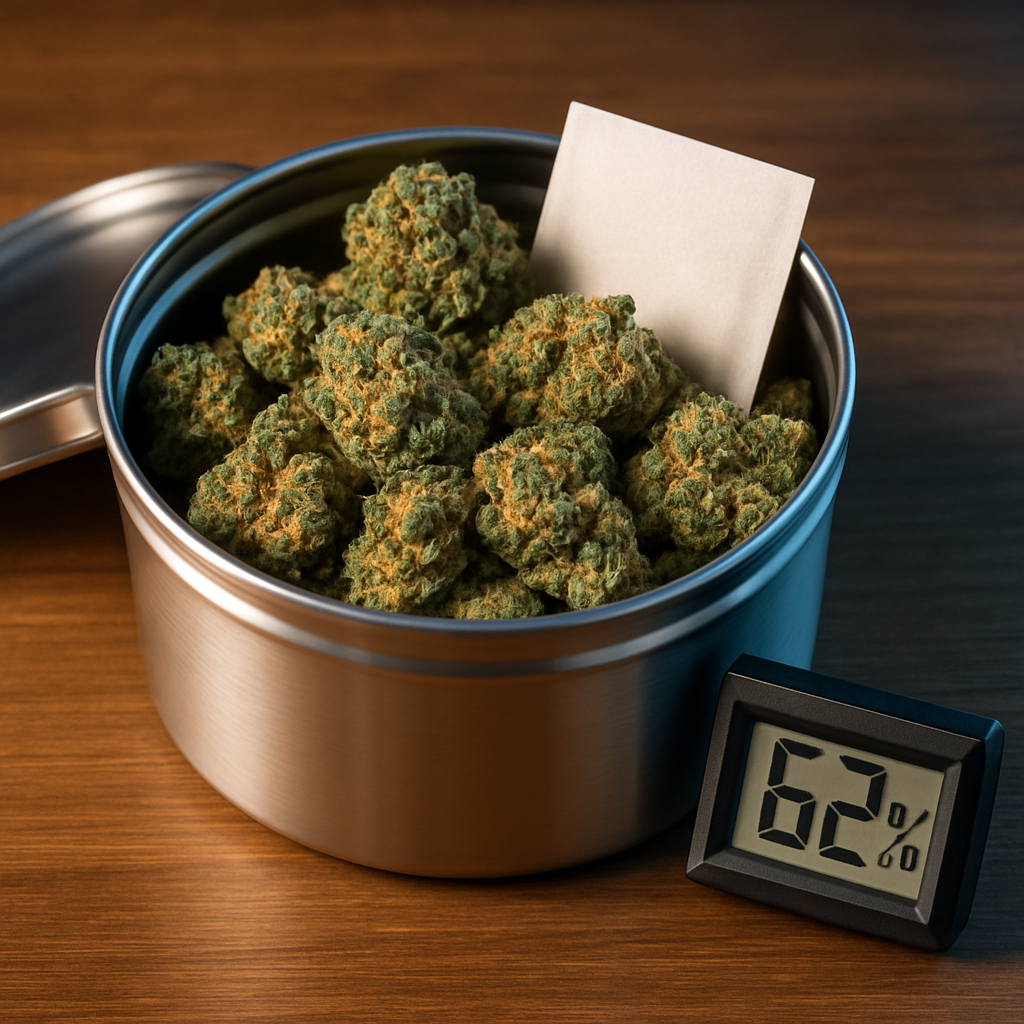 Curing-Behälter mit Cannabis-Blüten, Feuchte-Pack und Mini-Hygrometer